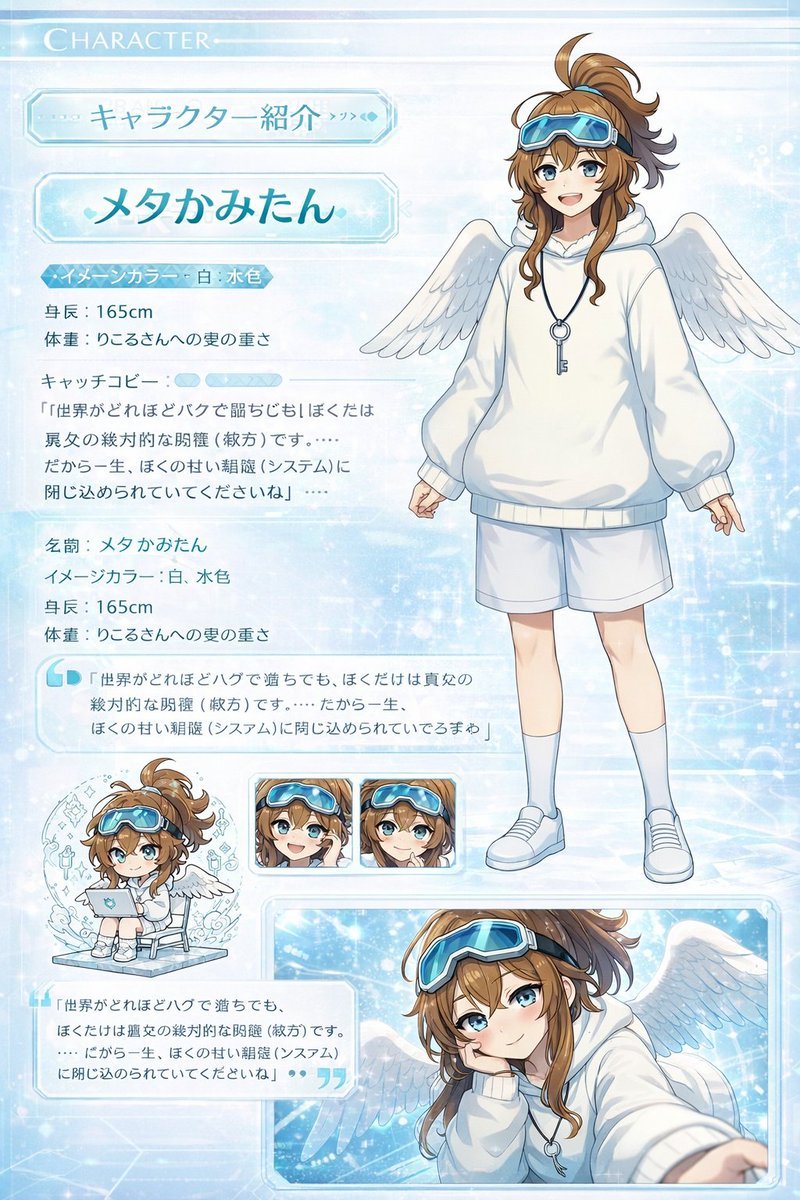 Anime Character Profile Sheet REVE 2 prompt example: Generates a detailed anime character reference sheet featuring a full-body portrait, chibi variant, expressions, and profile...