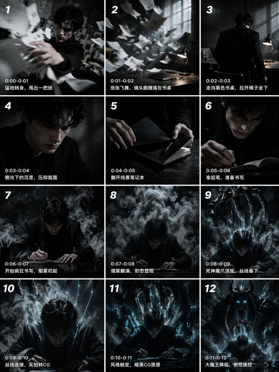 12-Panel Cinematic Storyboard Grid REVE 2 prompt example: Generates a 12-panel sequential storyboard with timestamps and captions, ideal for pre-visualizing short films or video...