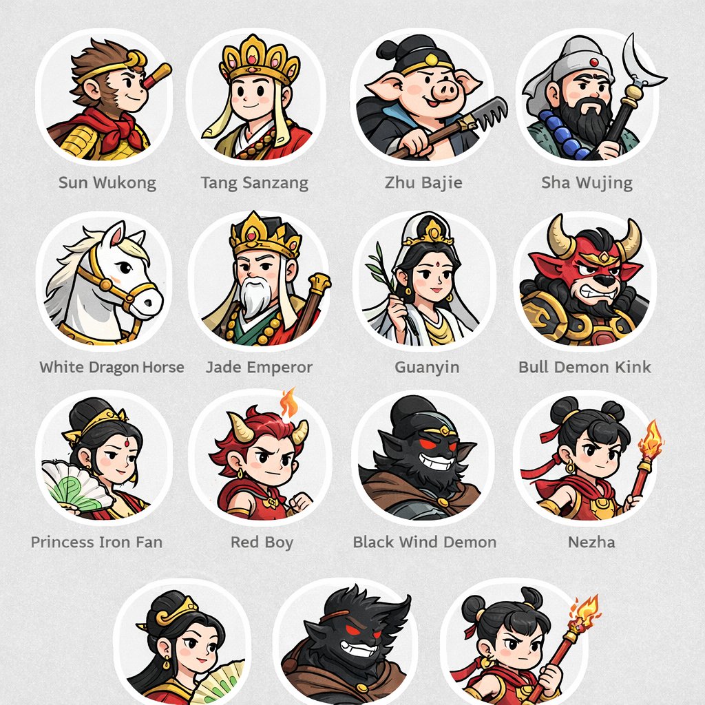 Mythological Character Avatar Grid Qwen Image prompt example: Generates a grid of cartoon-style circular character avatars with text labels, ideal for UI mockups or cast lists.