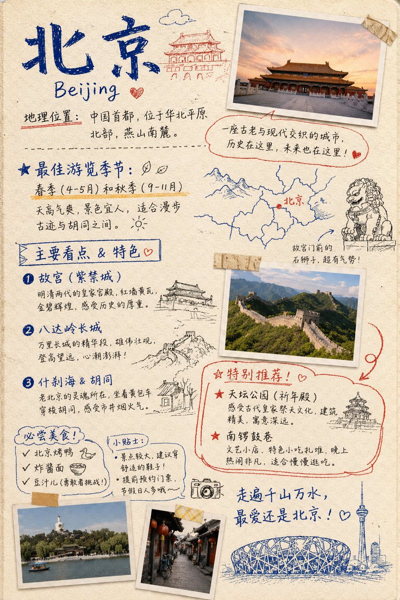 Travel Journal Scrapbook Infographic GPT Image 2 prompt example: Generates a hand-drawn, bullet-journal style travel infographic featuring taped photos, sketch doodles, and...