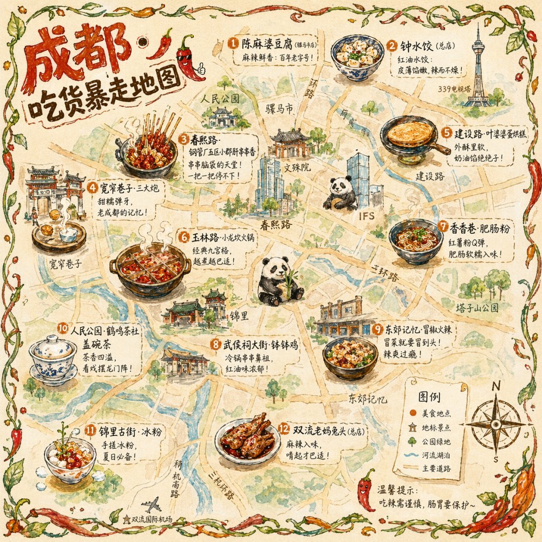 Illustrated City Food Map Qwen Image 프롬프트 예시: Generates a hand-drawn, watercolor-style tourist map featuring numbered local food specialties, landmarks, and a legend.