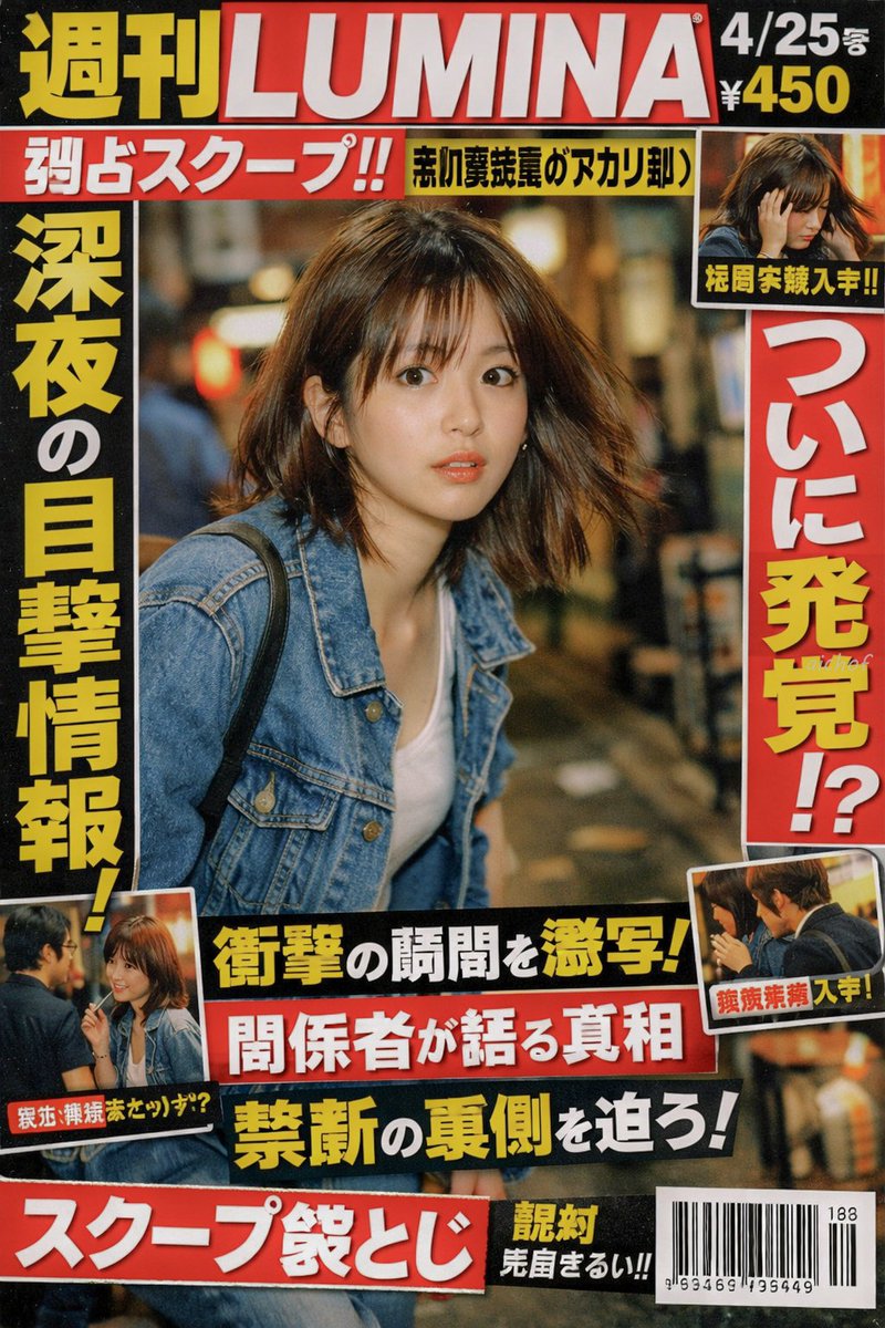 Japanese Tabloid Magazine Cover Qwen Image 프롬프트 예시: Generates a realistic Japanese weekly gossip magazine cover featuring paparazzi-style photography, sensational headlines, and...