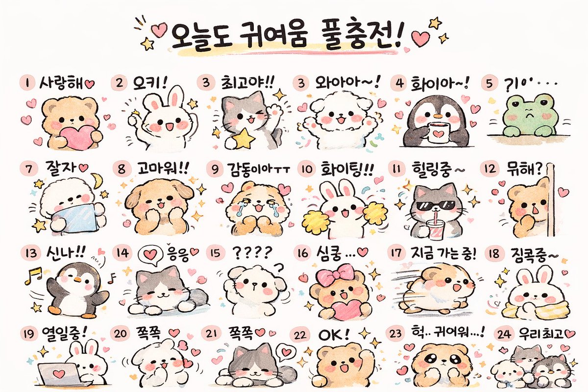 Kawaii Animal Sticker Sheet Generator Qwen Image 프롬프트 예시: Generates a 24-piece grid of cute, hand-drawn animal stickers with custom text labels, ideal for messaging app mockups...