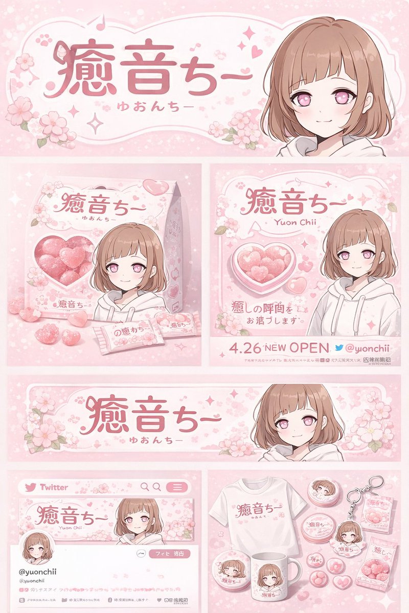 Anime Character Brand Identity & Merch Board Qwen Image 프롬프트 예시: Generates a comprehensive brand design board featuring an anime character, including product packaging, social...