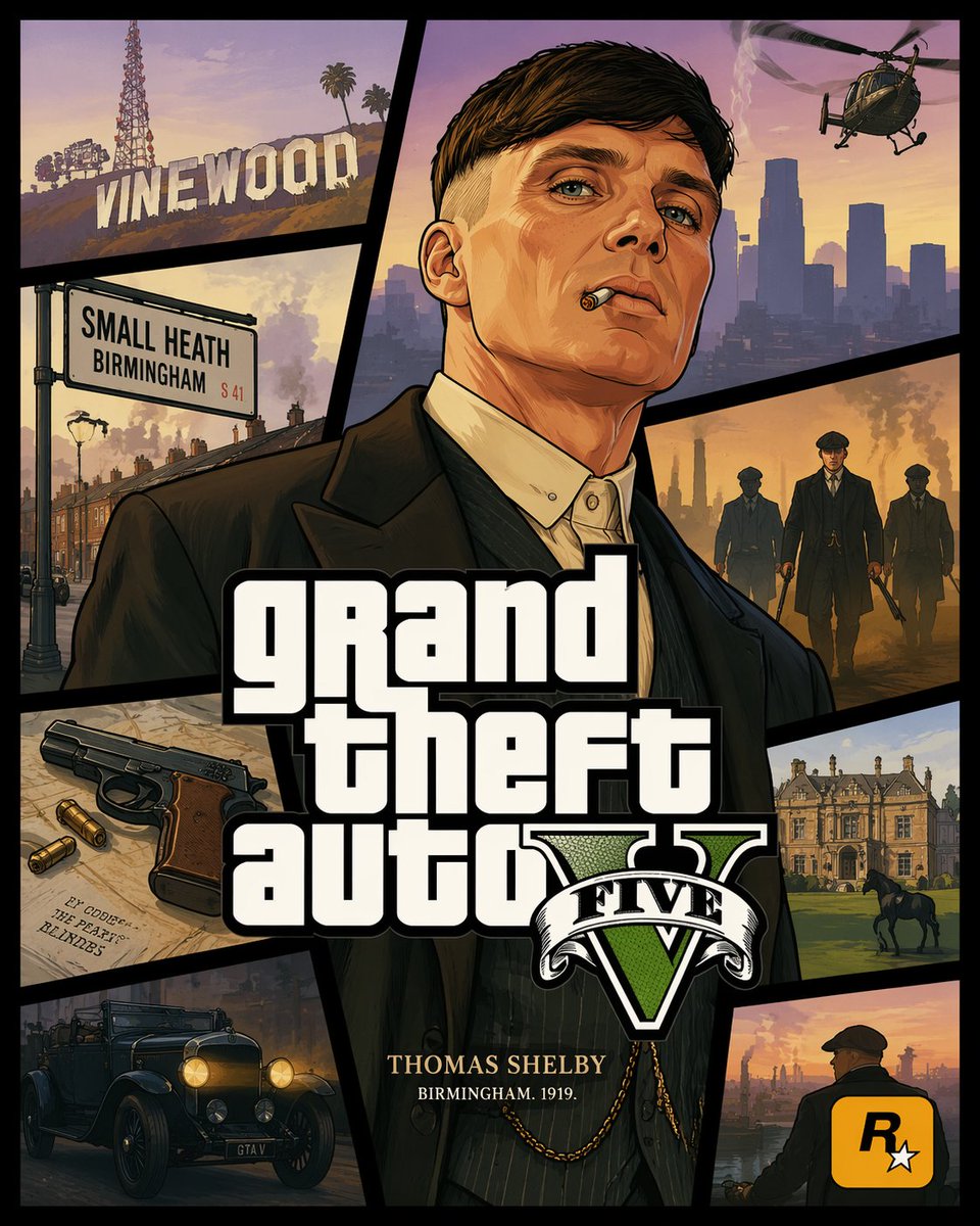 retro open-world game V Style Crossover Cover Art Qwen Image 프롬프트 예시: Generates a multi-panel video game cover collage blending a specific character and universe with the iconic...