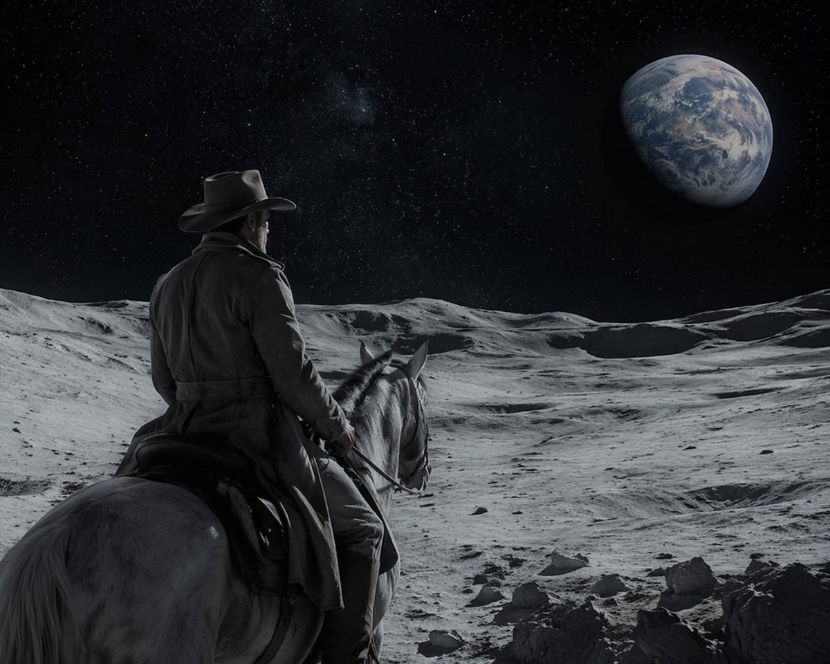 Sci-Fi Western Lunar Rider Qwen Image 프롬프트 예시: Generates a surreal, photorealistic image of a cowboy riding a horse on the moon while looking at Earth, perfect for sci-fi western...