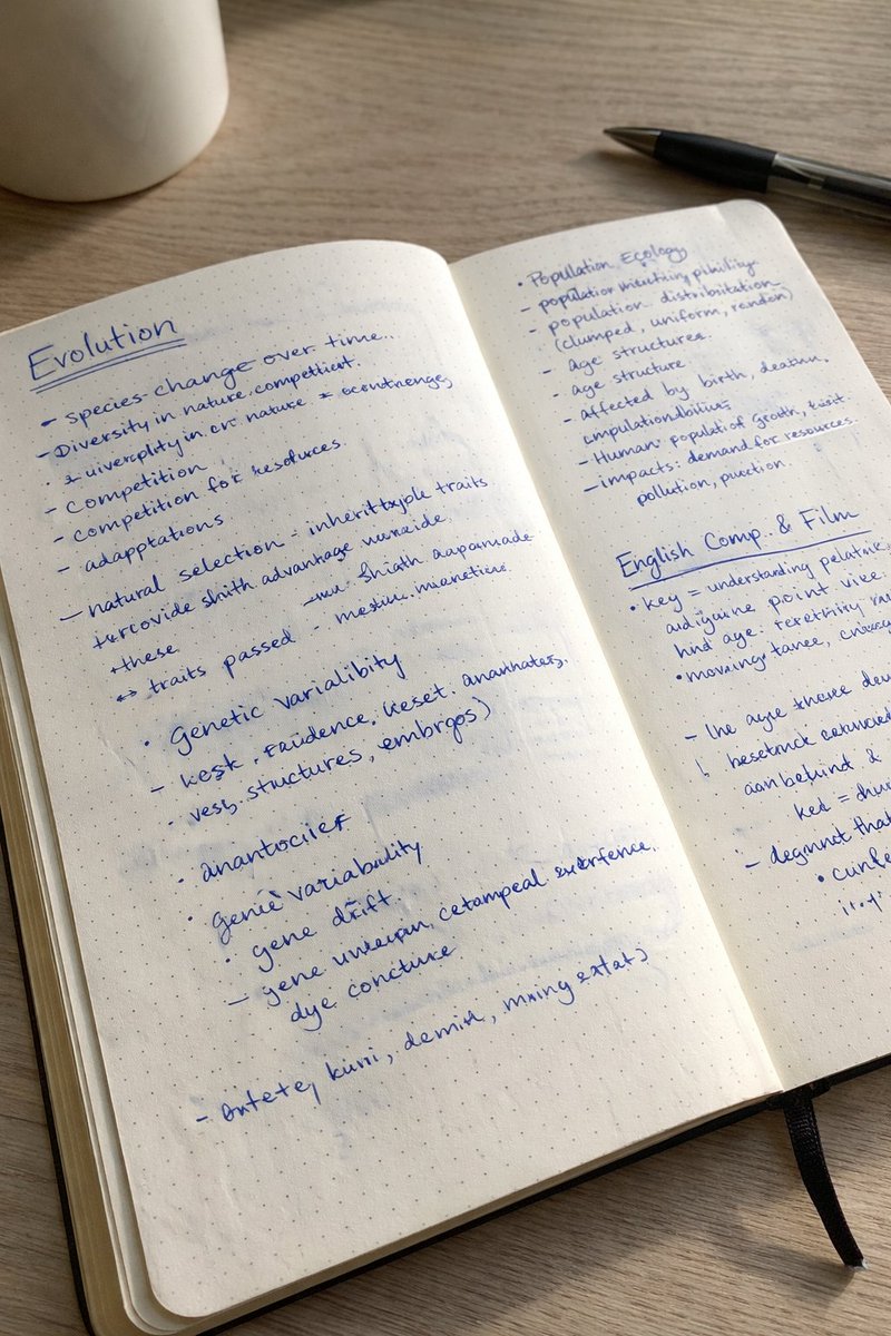 Realistic Handwritten Study Notes GPT Image 2 prompt example: Generates a realistic photo of an open notebook with messy, casual handwriting in ballpoint pen under natural...