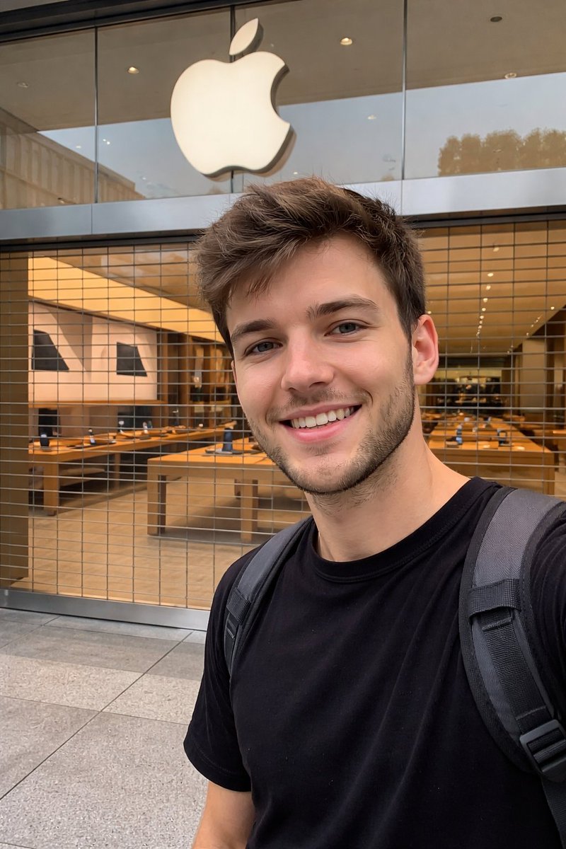 Amateur Apple Store Photography Qwen Image 프롬프트 예시 변형 2: A prompt designed to recreate the look of a casual smartphone photo taken outside a closed storefront, specifically...