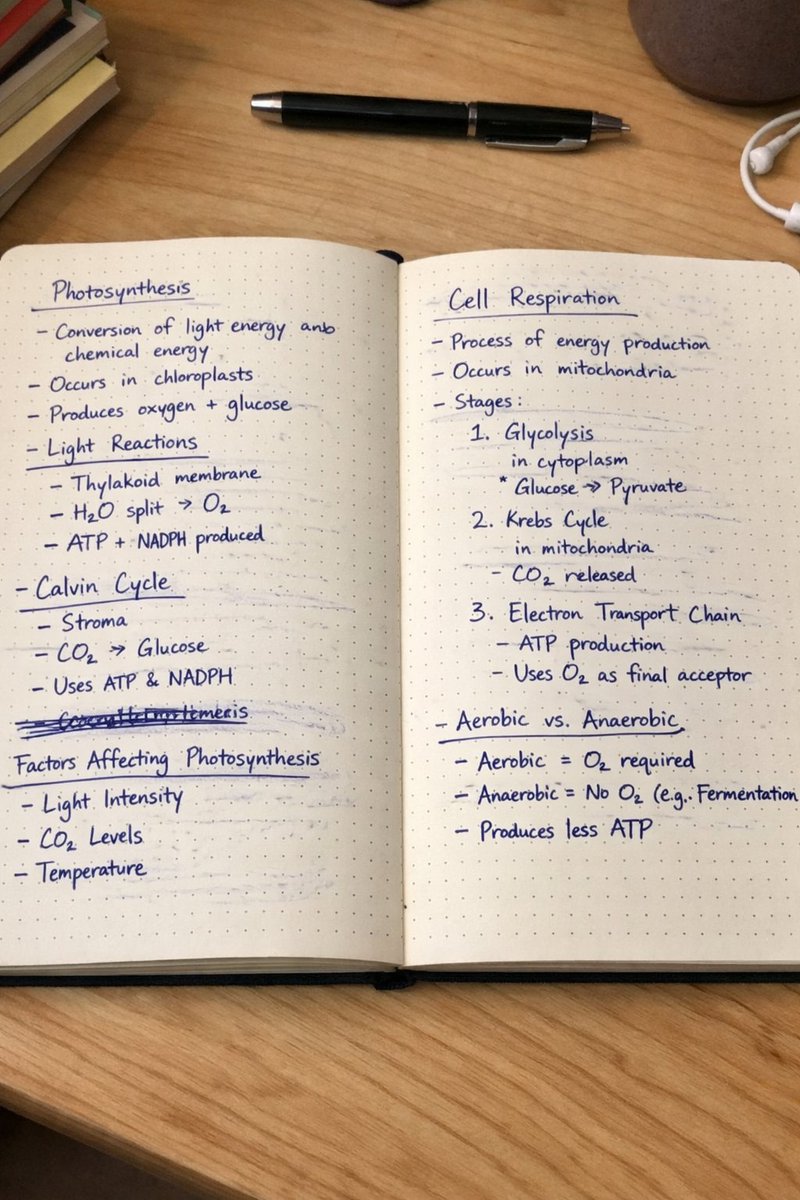 Realistic Handwritten Study Notes GPT Image 2 prompt example variation 2: Generates a realistic photo of an open notebook with messy, casual handwriting in ballpoint pen under...