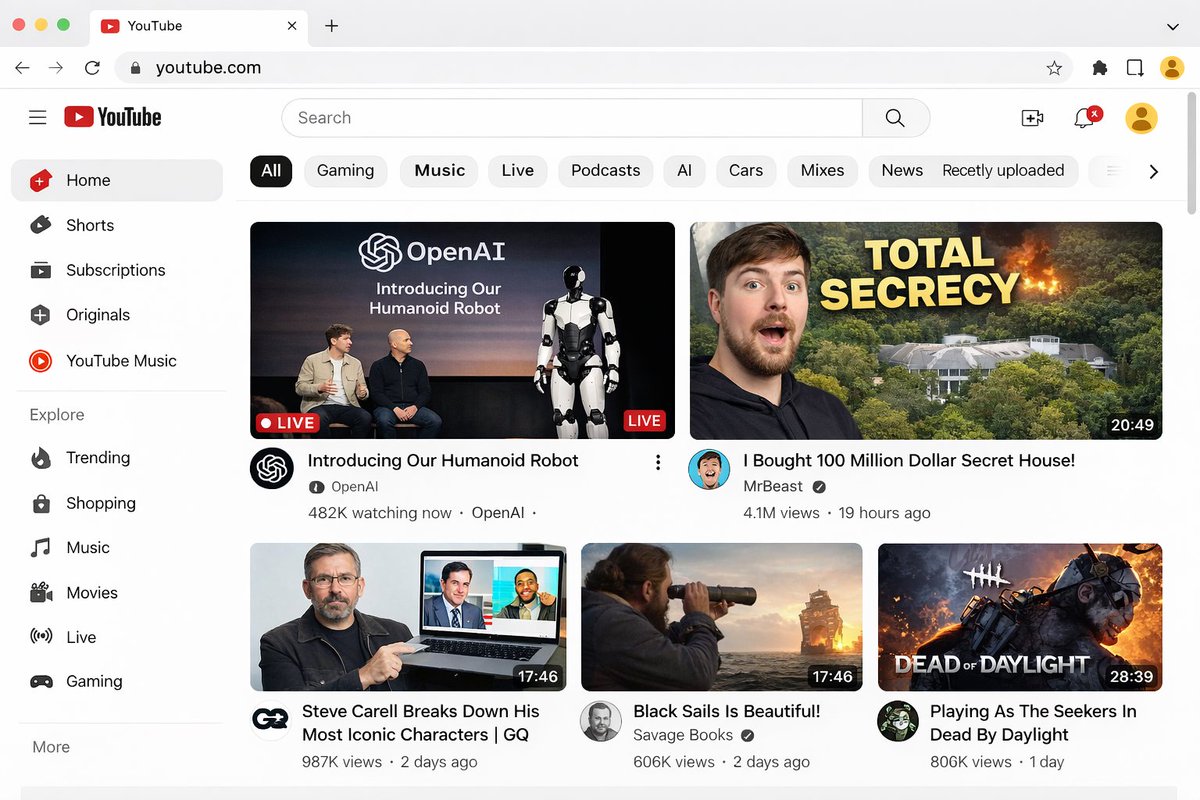 Video Streaming Platform Homepage UI Qwen Image prompt example: Generates a detailed mockup of a video streaming website homepage, featuring a sidebar, category tags, and a grid...