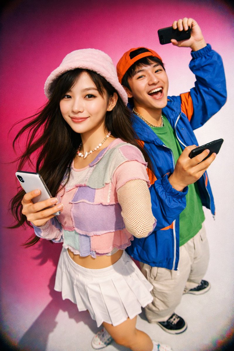 Y2K Retro-Tech Youth Portrait GPT Image 2 prompt example: Generates a vibrant, wide-angle fashion portrait of two young adults holding smartphones in a nostalgic Y2K aesthetic.