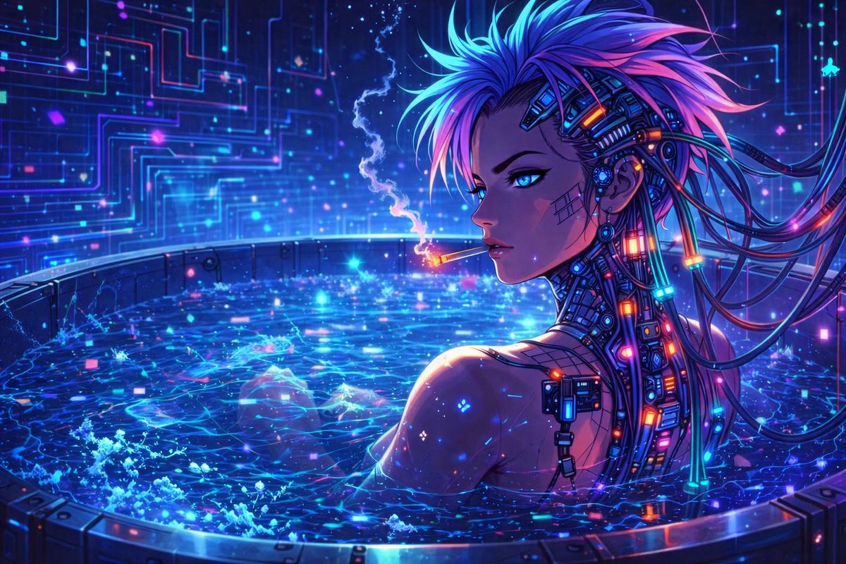 Cyberpunk Anime Character in Neon Tub Qwen Image prompt example: Generates a vibrant, anime-style cyberpunk illustration of a cybernetically enhanced character in a glowing...
