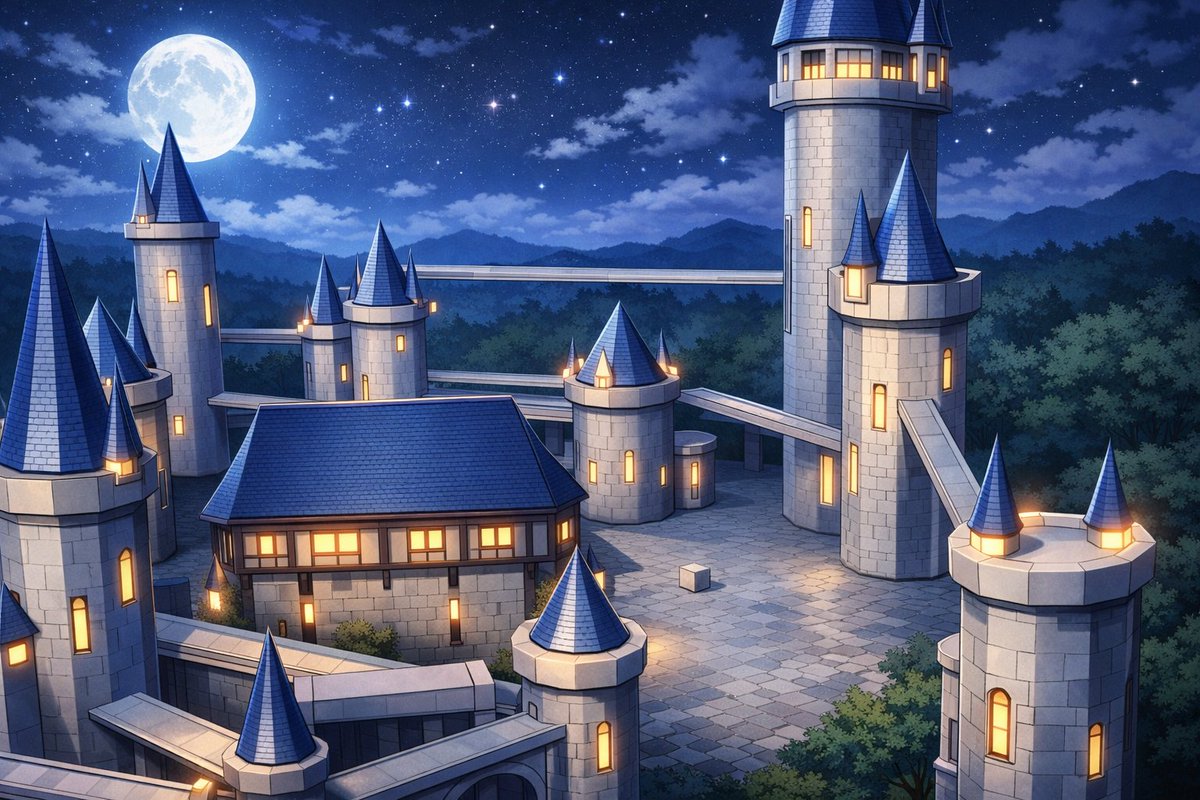 Anime Fantasy Castle at Night GPT Image 2 prompt example: Generates a detailed anime-style background illustration of a fantasy castle complex illuminated at night, perfect for...