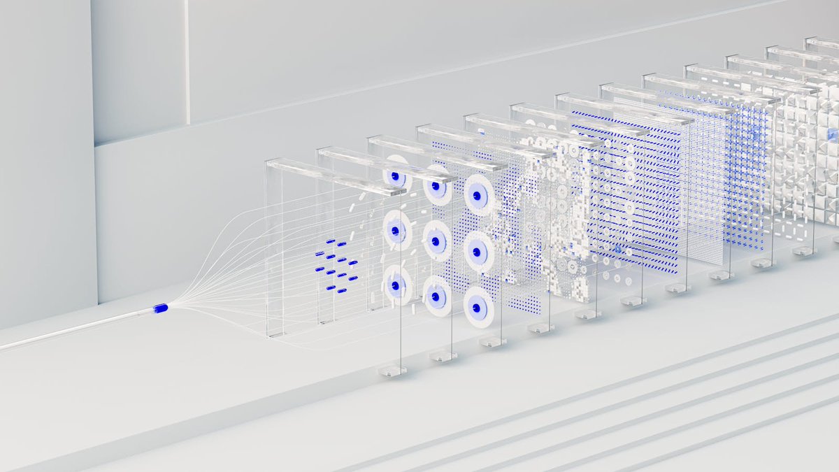 3D Abstract Data Pipeline Visualization のQwen Imageプロンプト例: Generates a clean, minimalist 3D render of a sequential data processing pipeline using glass panels and geometric...