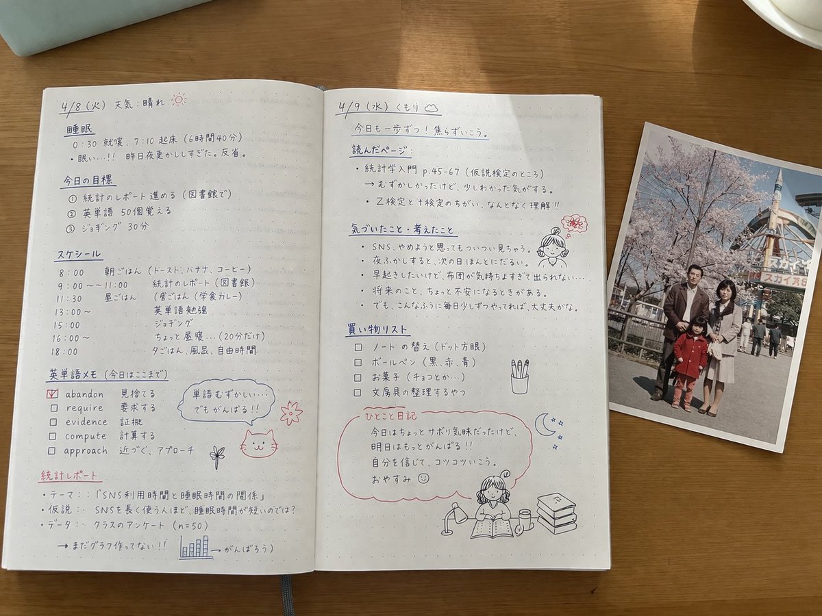Handwritten Japanese Study Notes with Photograph GPT Image 2 prompt example variation 2: Generates a photorealistic top-down view of an open notebook filled with detailed...