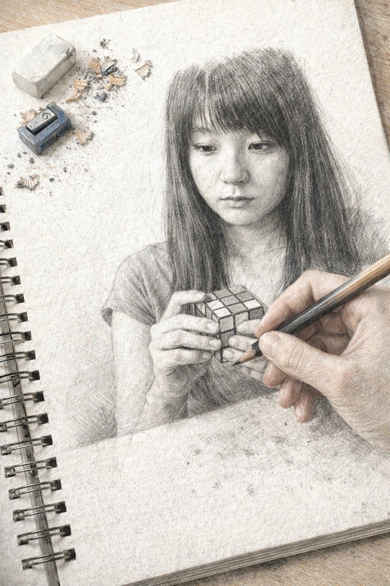 Trompe L'oeil Sketchbook Drawing Qwen Image prompt example: Generates a hyper-realistic optical illusion of a hand drawing a detailed pencil sketch in a notebook, complete with...