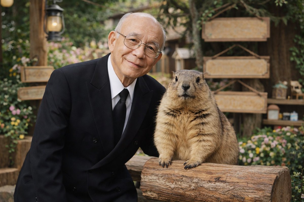 Elderly Man and Marmot Portrait Qwen Image prompt example: A photorealistic portrait of an elderly man in a suit posing next to a large marmot in a rustic garden setting.
