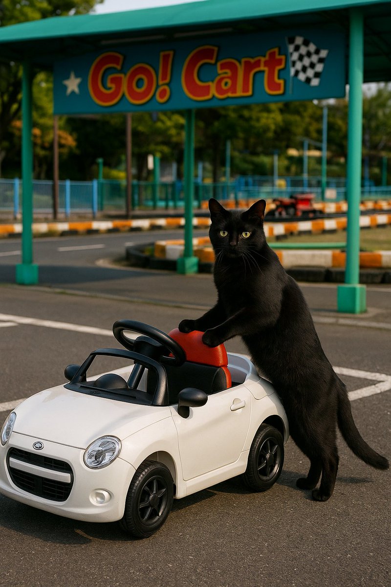 Cat with Toy Car at Go-Kart Track GPT Image 2 prompt example: Generates a realistic photograph of a cat interacting with a miniature car at an outdoor racing track.