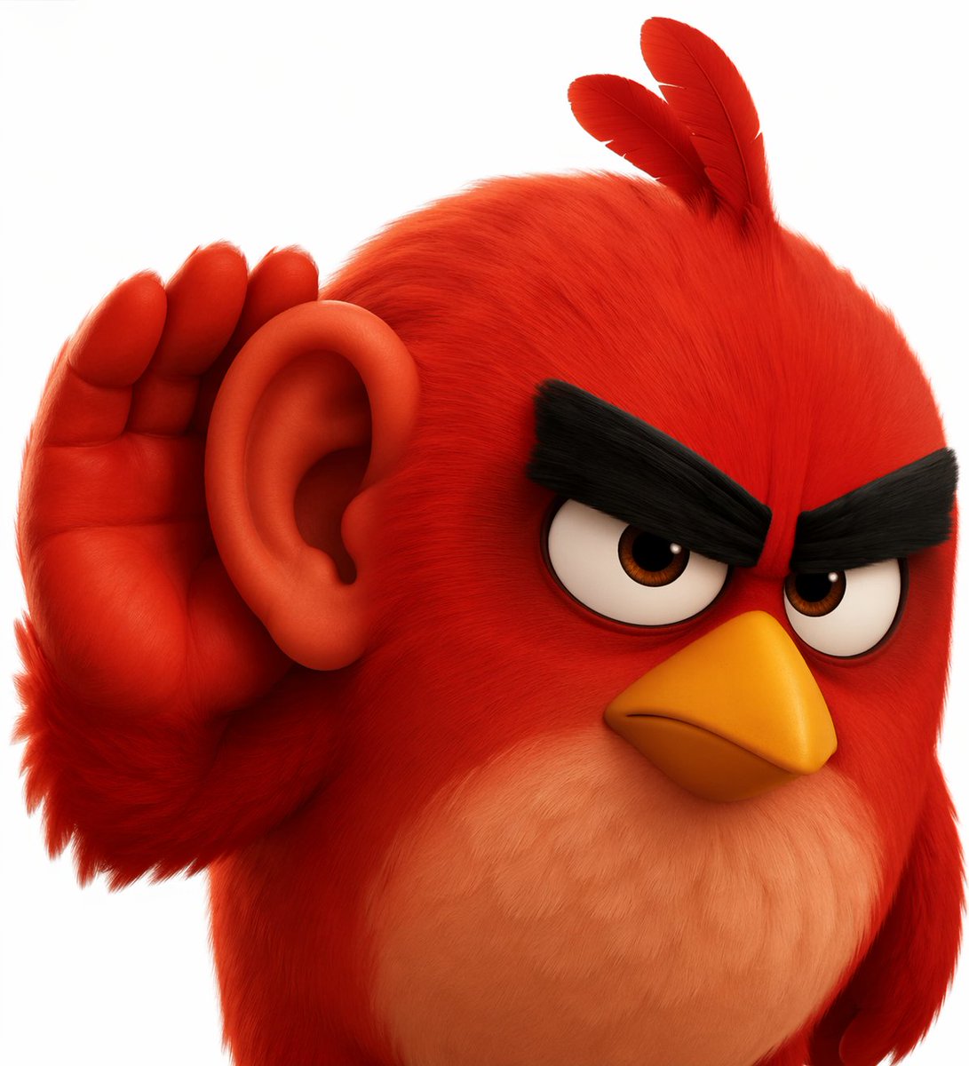 3D Red Bird Listening with Human Ear Qwen Image prompt example: Generates a 3D animated-style bird character with surreal human-like features listening closely, useful for...
