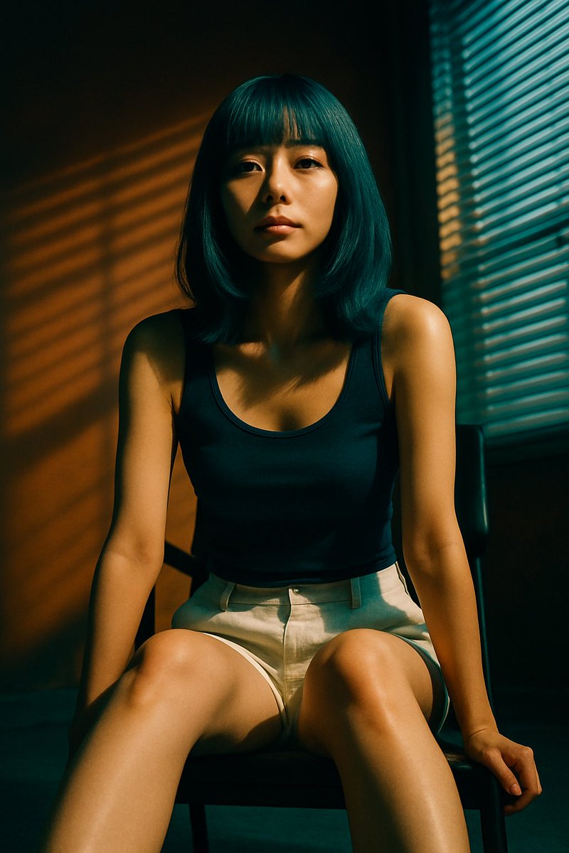 Cinematic Portrait with Blind Shadows Qwen Image 프롬프트 예시: Generates a photorealistic portrait of a seated subject with dramatic lighting and distinct shadows cast by window blinds.