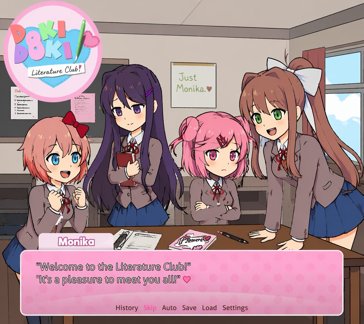 Visual Novel Screenshot Mockup Qwen Image prompt example: Generates a fake visual novel screenshot featuring anime characters, a custom logo, and a dialogue box.
