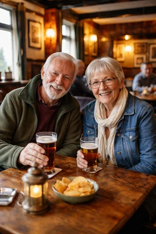 Pub Scene Amateur Snapshot GPT Image 2 prompt example: A Czech language prompt for a natural snapshot of an elderly couple in a pub, used to showcase realistic human generation...