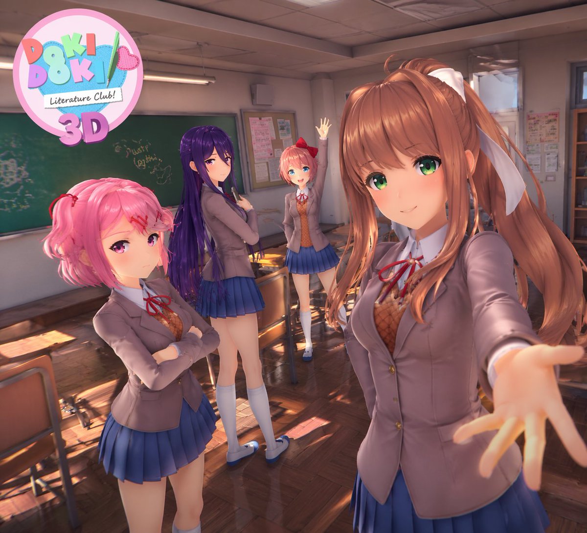 3D Anime Visual Novel Game Cover Qwen Image prompt example: Generates a 3D anime-style promotional image of four schoolgirls in a classroom with a customizable game logo.