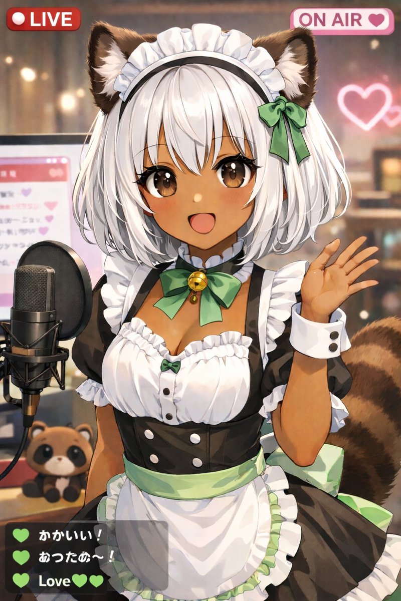 Anime VTuber Live Stream Overlay Qwen Image prompt example: Generates an anime-style illustration of a VTuber streaming with UI overlays like LIVE badges and a chat box.