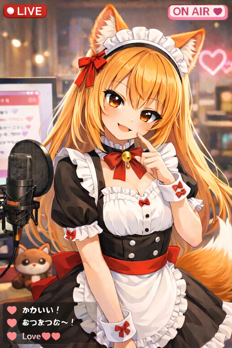 Anime VTuber Live Stream Overlay Qwen Image prompt example variation 2: Generates an anime-style illustration of a VTuber streaming with UI overlays like LIVE badges and a chat...