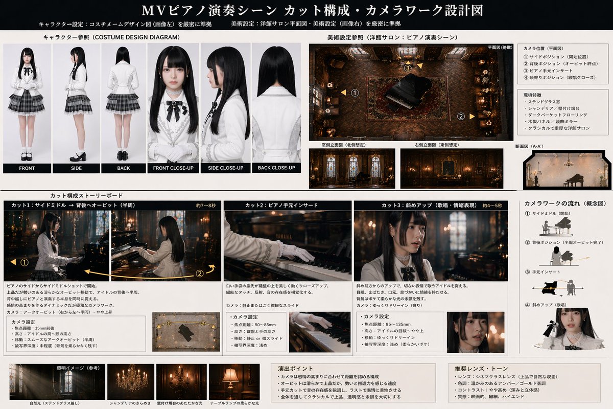 Music Video Production Storyboard Blueprint GPT Image 2 prompt example: A comprehensive production design document featuring character turnarounds, floor plans, storyboards, and...