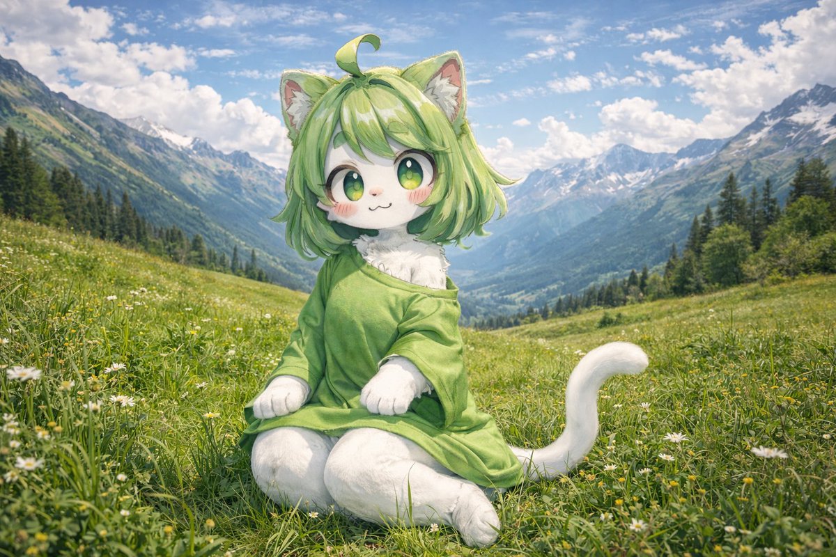 Anime Cat-Girl in Realistic Alpine Meadow のQwen Imageプロンプト例: Generates a 2.5D illustration of an anthropomorphic anime character sitting in a highly detailed, photorealistic...
