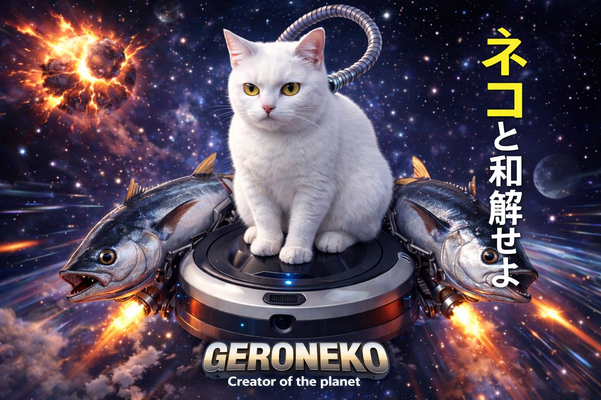 Sci-Fi Cat on Fish-Powered Vacuum Qwen Image prompt example: Generates a surreal, cinematic sci-fi illustration of a cat riding a modified robot vacuum with fish rockets in...