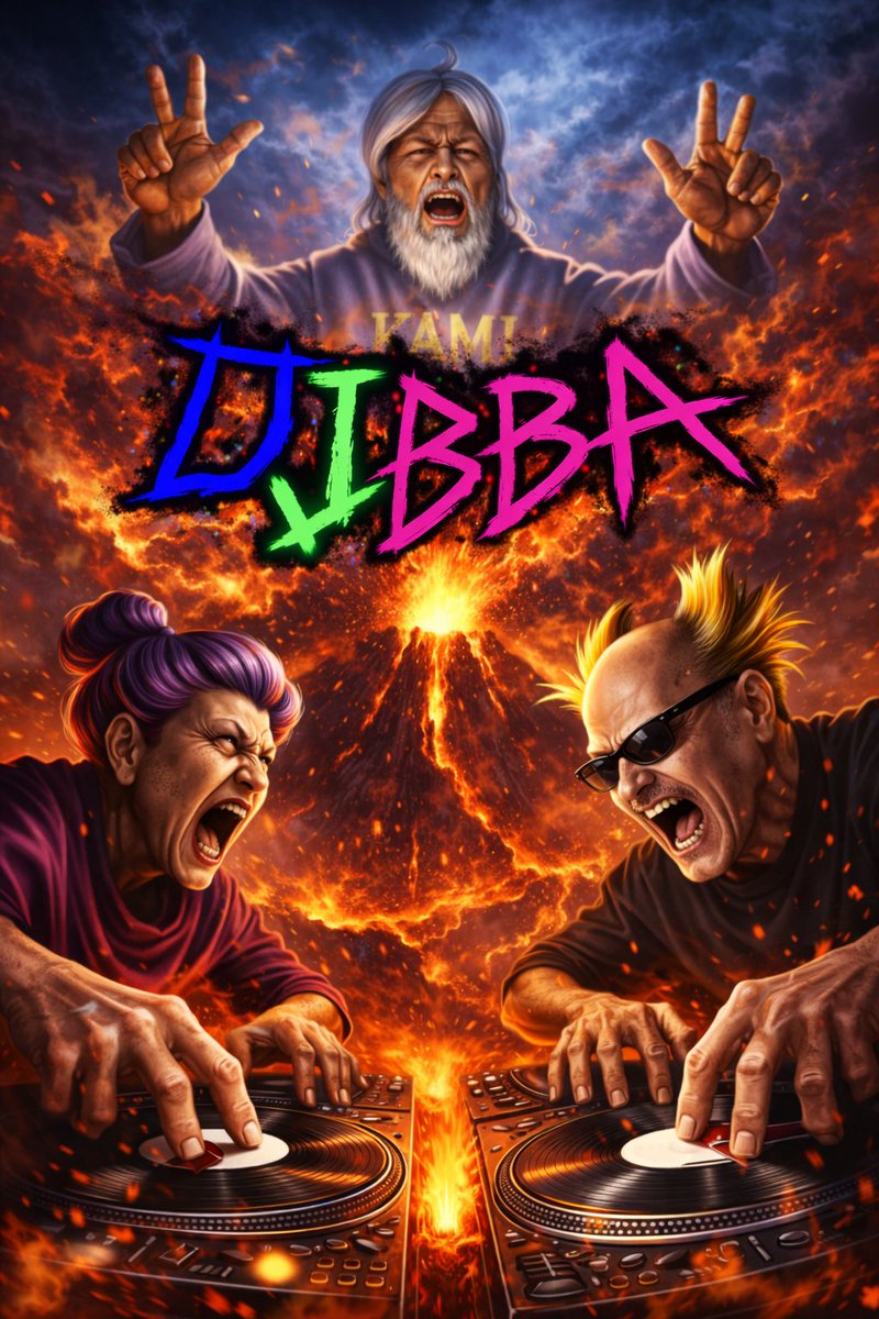 Intense Elderly DJ Volcano Poster GPT Image 2 prompt example: Generates an over-the-top, fiery illustration of elderly people aggressively DJing in front of an erupting volcano,...