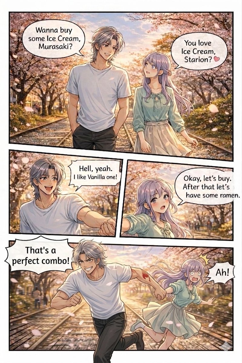 4-Panel Anime Romance Comic Strip Qwen Image prompt example variation 2: Generates a 4-panel anime-style comic strip featuring a couple walking and talking in a scenic setting,...