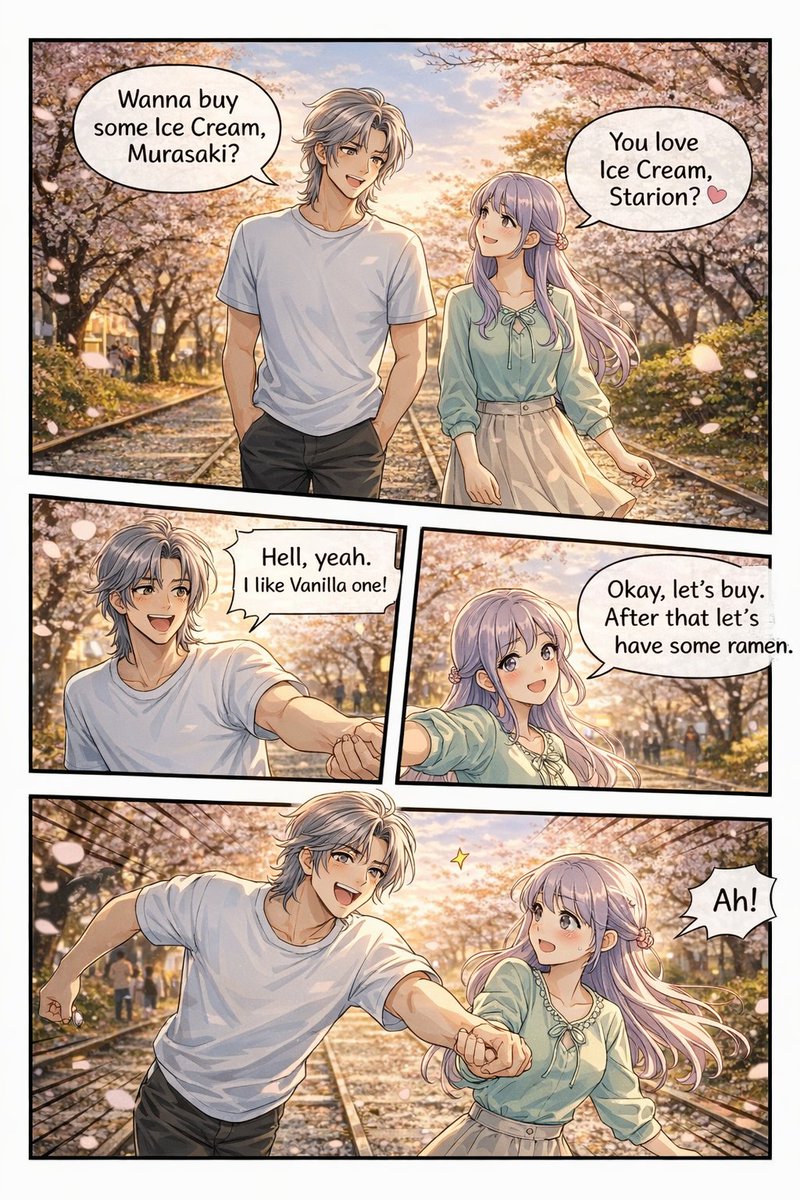 4-Panel Anime Romance Comic Strip Qwen Image prompt example: Generates a 4-panel anime-style comic strip featuring a couple walking and talking in a scenic setting, ideal for...