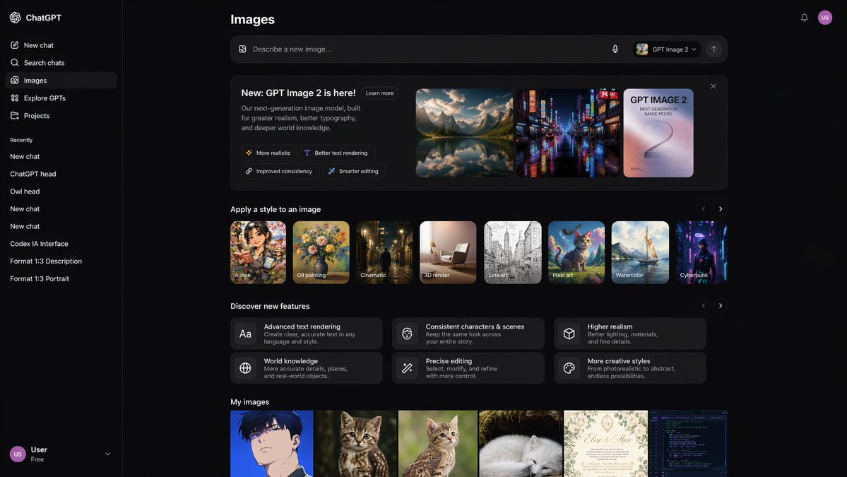 AI Image Generator UI Mockup Qwen Image prompt example: A detailed dark-mode web interface mockup for an AI image generation tool, featuring style galleries, feature highlights,...