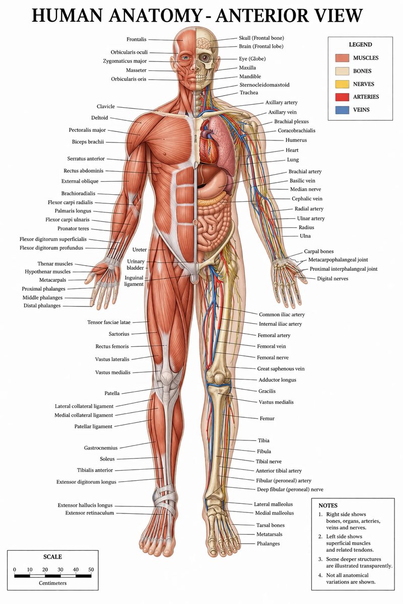 Detailed Medical Anatomy Infographic のQwen Imageプロンプト例: Generates a highly detailed, labeled medical illustration of human anatomy with a split-view of muscles and internal...