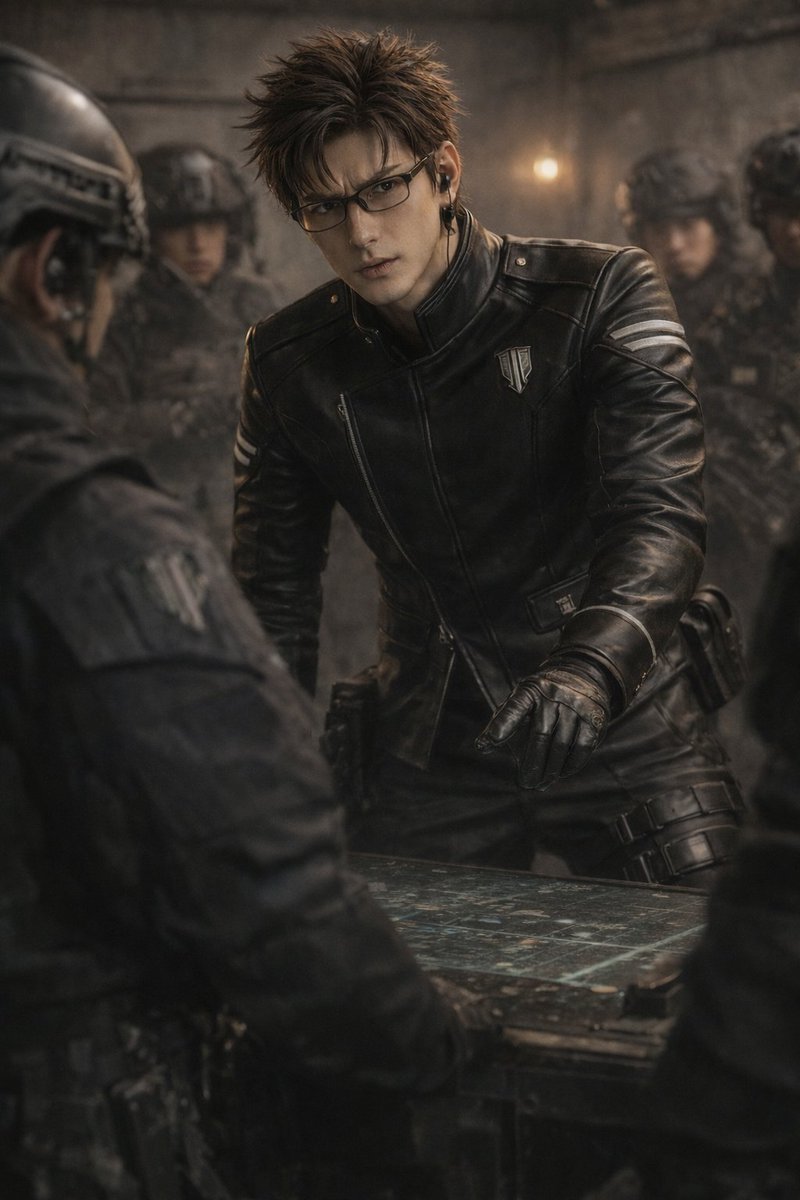Cinematic Tactical Command Scene Qwen Image prompt example: Generates a photorealistic, cinematic image of a tactical leader pointing at a map in a gritty command center.
