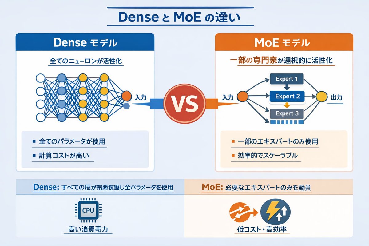 Dense vs MoE Neural Network Infographic GPT Image 2 prompt example: A technical infographic comparing Dense and Mixture of Experts (MoE) AI models with network diagrams and...