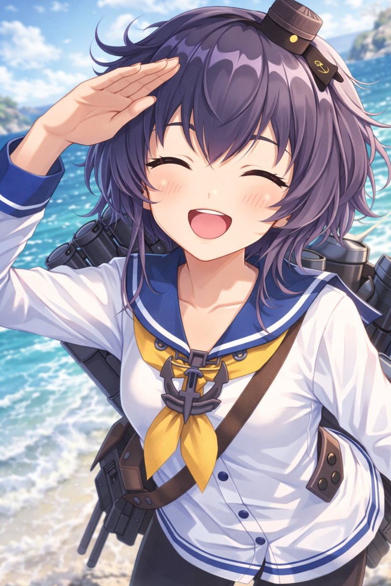 Anime Ship Girl Saluting on Beach 的 GPT Image 2 提示词示例图:Generates an anime-style illustration of a cheerful ship girl saluting on a sunny beach.