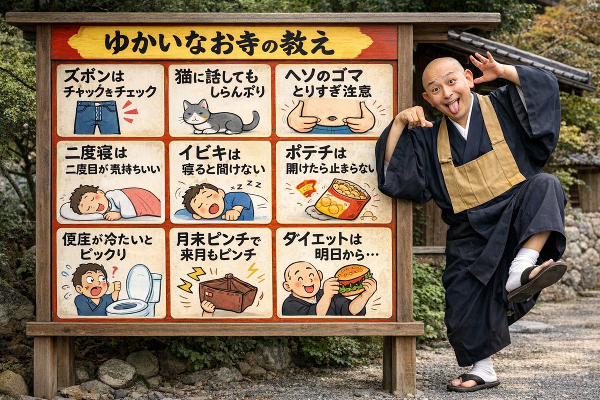 Humorous Temple Signboard with Goofy Monk Qwen Image prompt example: Generates a photograph of a goofy monk standing next to a 9-panel wooden signboard featuring humorous...