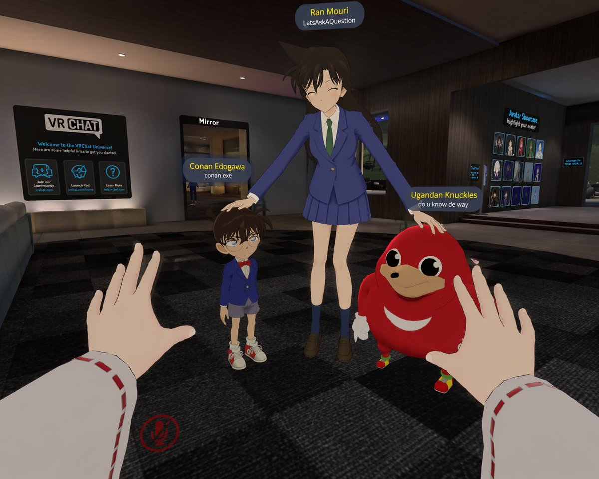 First-Person VRChat Meme Crossover Screenshot 的 Qwen Image 提示词示例图:Generates a first-person perspective screenshot of a virtual reality social game lobby featuring a crossover of...