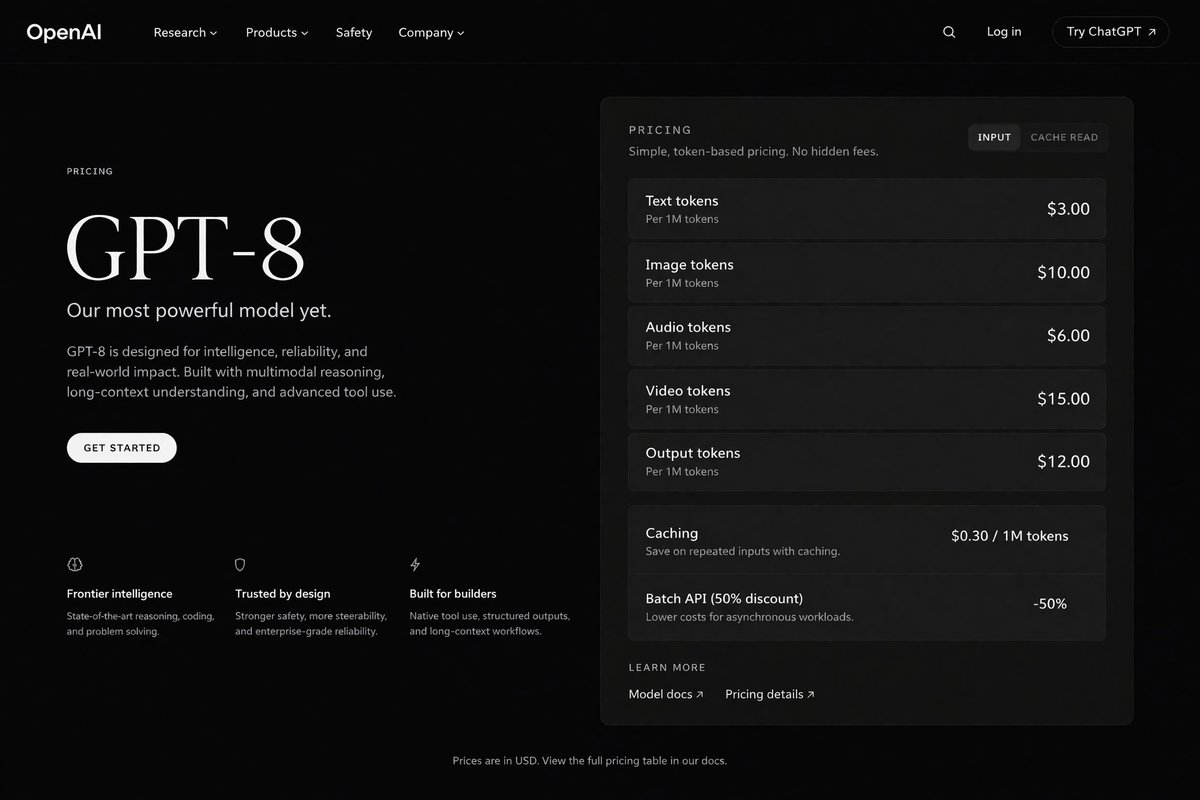 Dark Mode AI API Pricing Page Mockup のQwen Imageプロンプト例: Generates a sleek, dark-themed web UI mockup for an AI model's pricing page, featuring a hero section and a detailed token...