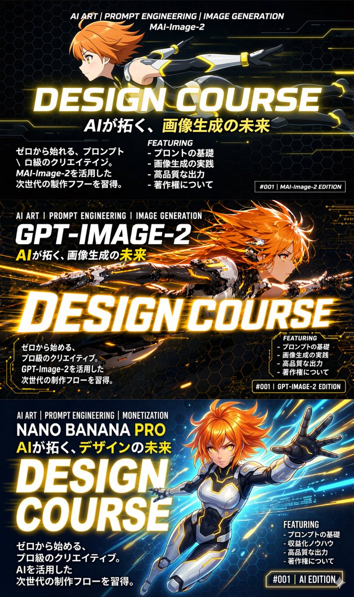 3-Panel Anime Sci-Fi Course Promo GPT Image 2 prompt example: Generates a three-panel vertical infographic comparing different AI models, featuring an anime character in dynamic...