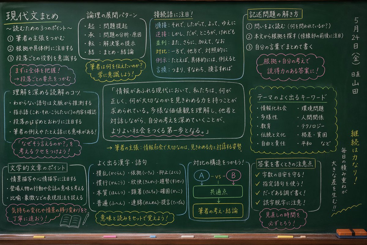 Japanese Classroom Chalkboard Notes Qwen Image 프롬프트 예시: Generates a photorealistic classroom chalkboard filled with neatly organized, highly detailed Japanese handwritten notes...