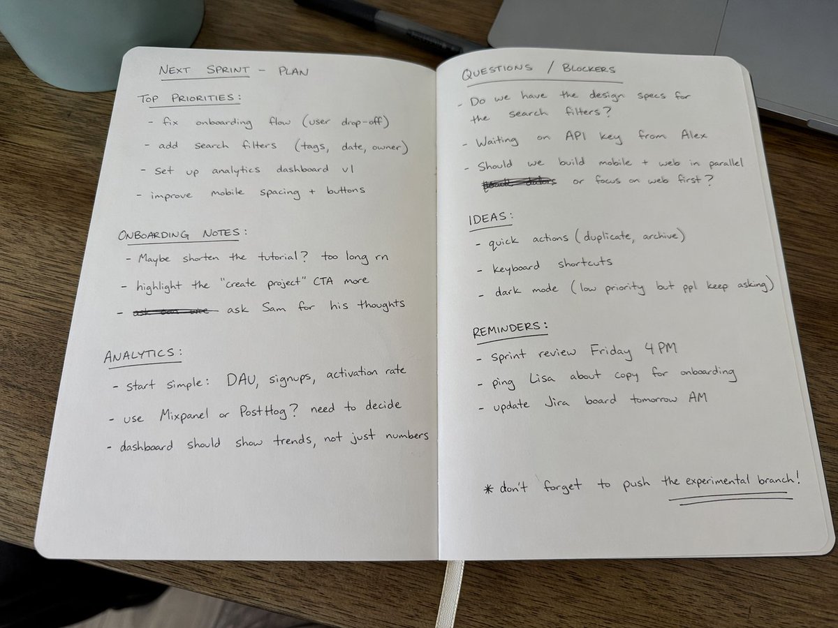 Amateur Handwritten Notebook Photo Prompt Qwen Image prompt example: Generates a realistic iPhone-style photo of an open notebook with messy handwritten notes, mimicking a...