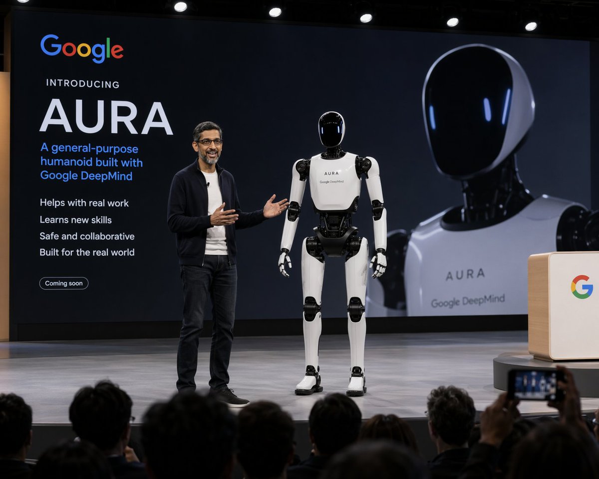 Humanoid Robot Keynote Reveal Qwen Image 프롬프트 예시: Generates an image of a commercial humanoid robot being unveiled during a major tech keynote presentation.