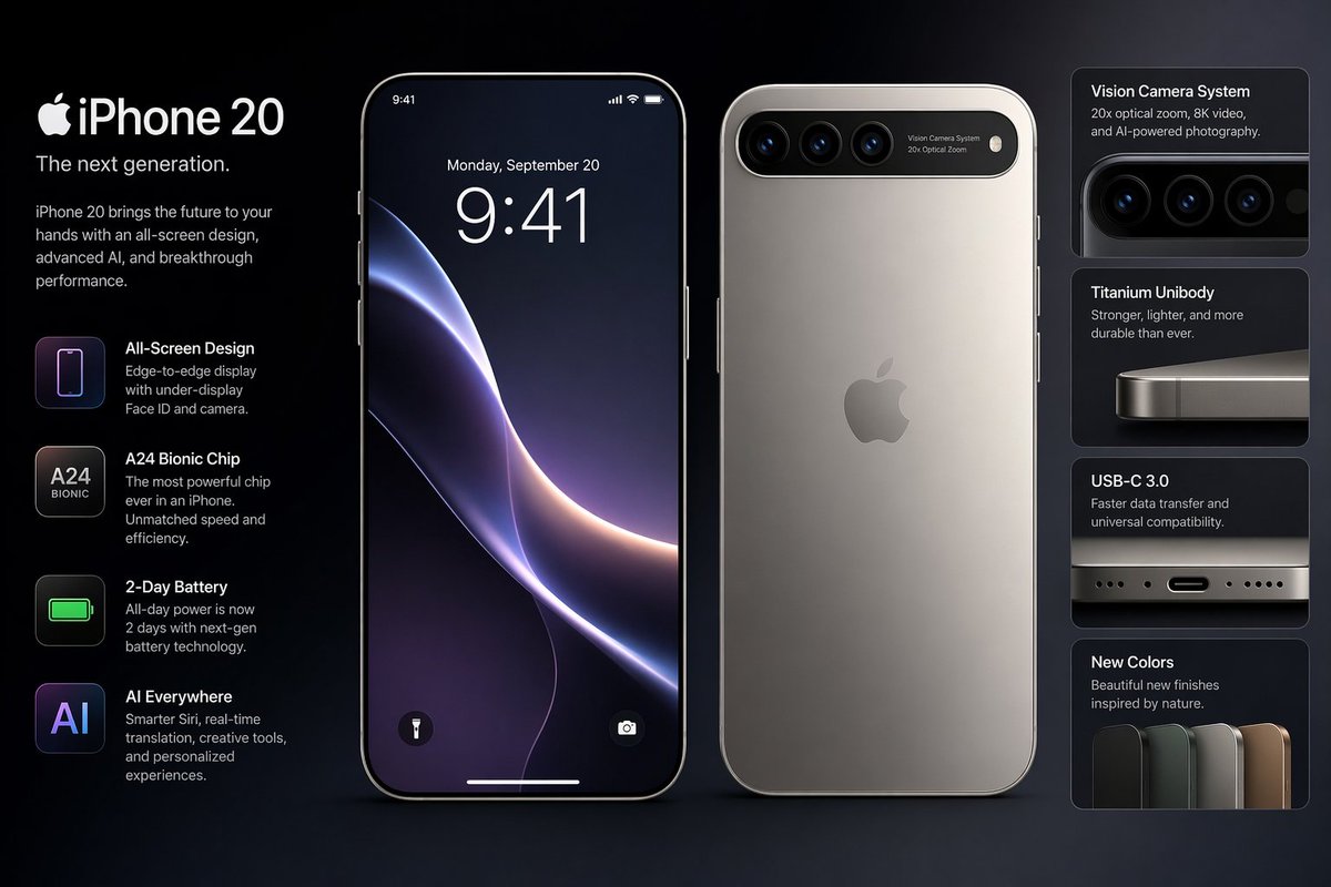 Future iPhone Design のQwen Imageプロンプト例: A conceptual prompt for visualizing the design of a future iPhone model.