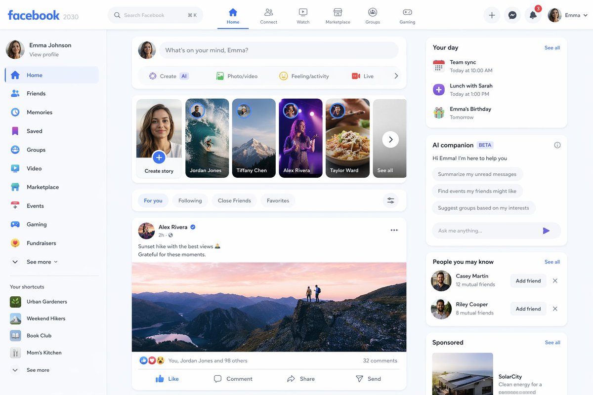 Facebook 2030 Prediction のQwen Imageプロンプト例: Generates a mockup of the Facebook platform as it might appear in 2030.