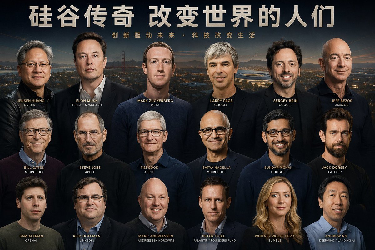 Tech Leaders Poster with Facial Recognition のQwen Imageプロンプト例: A prompt for generating a high-quality poster featuring multiple identifiable technology leaders, focusing on...